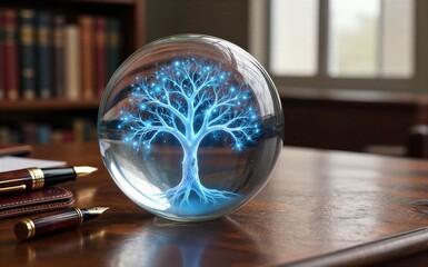 Obraz premium Glowing blue tree inside glass sphere on wooden desk beside fountain
