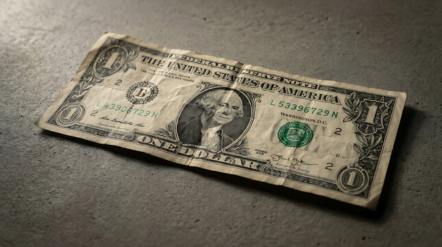 A crumpled one dollar bill lies on a textured surface, showing wear and the portrait of George Washington.