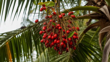 Fototapeta premium Vibrant red berries cluster on palm tree branches with green leaves in a natural tropical setting.