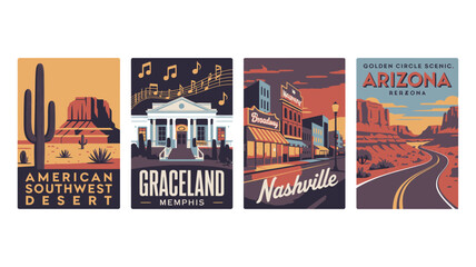 Naklejka premium Vintage travel posters showcasing iconic American destinations and landmarks