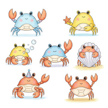 Cartoon crabs and frogs in ocean scene