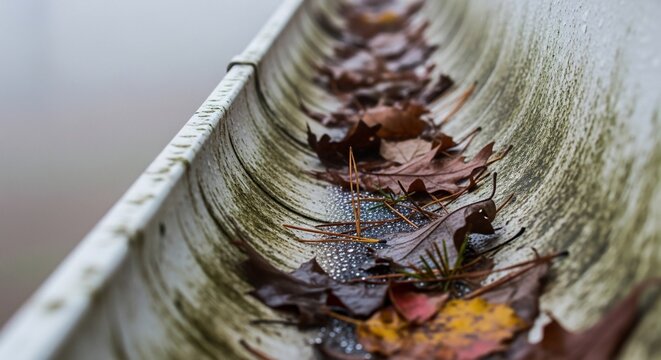 Gutter with fallen leaves close up