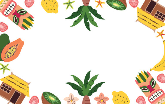 Tropical tiki frame with exotic masks, bungalows, palm trees and fruits in flat hand-drawn style. Vector border with papaya, kiwi, banana and starfish for summer party invitation, Hawaiian luau banner