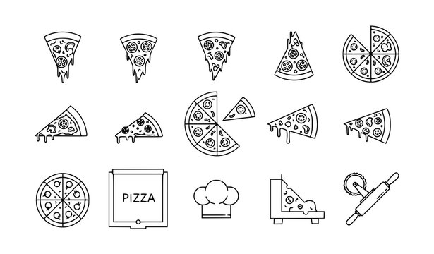 Minimal pizza line icons set outline pizzeria food symbols with slices box and kitchen tools vector illustration