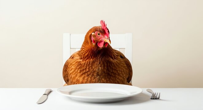 Humorous Chicken Sitting at Dining Table with Plate, Fork, and Knife Ready to Eat