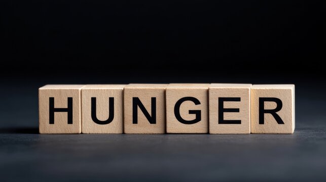 Word hunger arranged with wooden cubes on dark background. Concept of food shortage, poverty and global crisis. Simple minimal composition highlighting social issues and basic human needs