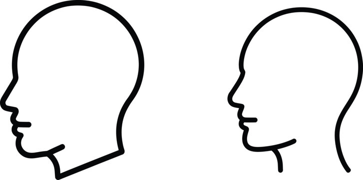 Minimalist human head silhouettes, profile views, black line art icons, simple facial outlines, vector illustrations