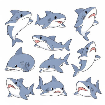 Cartoon sharks in various swimming positions and expressions