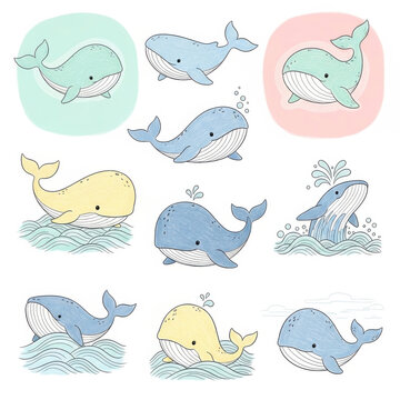 Whale illustrations in pastel colors playful and cute