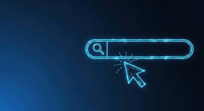 Glowing blue search bar and cursor on a dark digital background, representing online search and technology