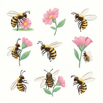 Bees Collecting Nectar from Pink Flowers Illustration Set