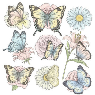 Colorful butterflies and flowers illustration set