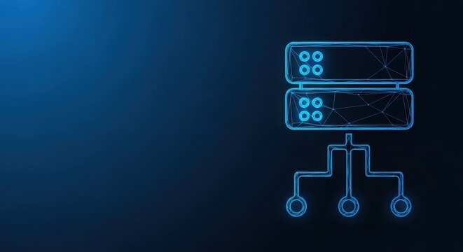 Server rack with glowing blue network connections and abstract data points
