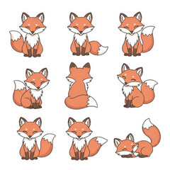 Fototapeta premium Cute cartoon foxes in various poses and expressions