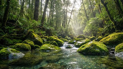 Obraz premium Sunlit Serene Forest Stream with Moss-Covered Rocks and Lush Greenery