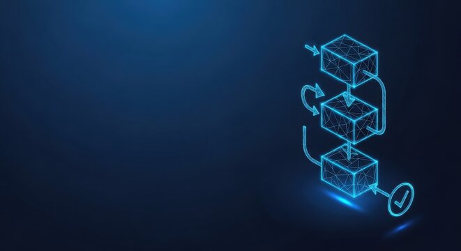Digital flowchart diagram with glowing blue lines representing a complex process or system on a dark background