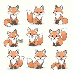 Fototapeta premium Cute cartoon foxes in various playful poses and expressions