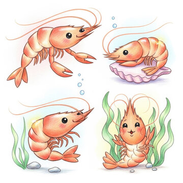 Cartoon shrimp illustrations in various underwater scenes