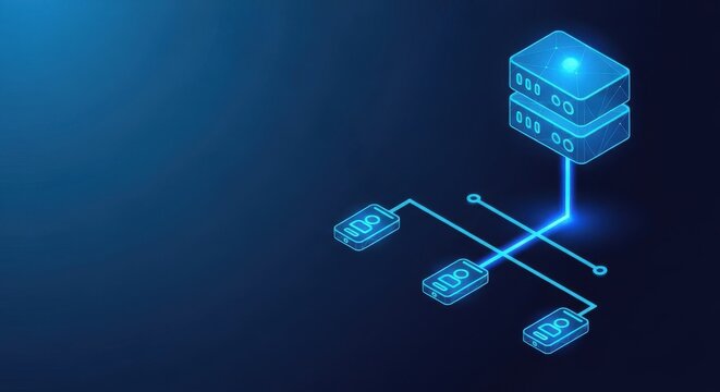 Futuristic digital network connecting servers and data nodes with glowing blue lines in a dark cyber environment