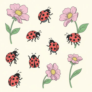 Ladybugs and flowers in a whimsical illustration