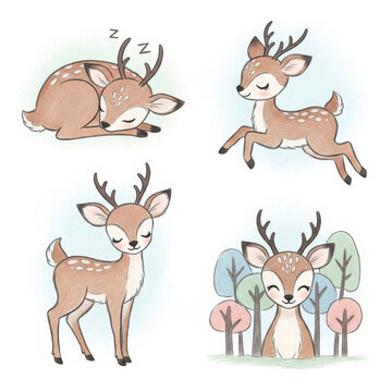 Cute Deer Illustrations in Forest Setting with Trees
