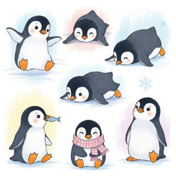 Adorable cartoon penguins in various playful winter poses