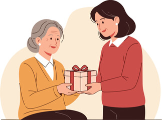 Fototapeta premium A younger woman giving a beautifully wrapped gift box with a red ribbon to an older woman, both smiling warmly.