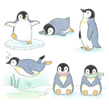 Adorable cartoon penguins in various playful poses and outfits