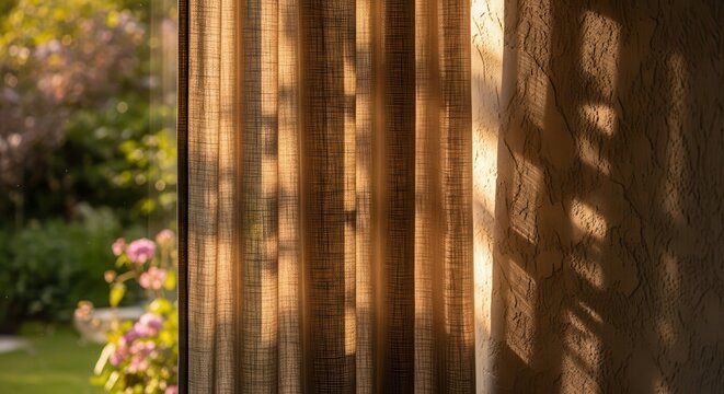 Warm sunlight streams through textured sheer linen curtains, casting intricate shadows and creating a serene ambiance indoors.