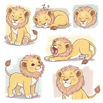 Cute cartoon lion poses and expressions