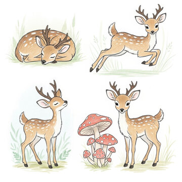 Whimsical Deer and Mushrooms Forest Scene Illustration