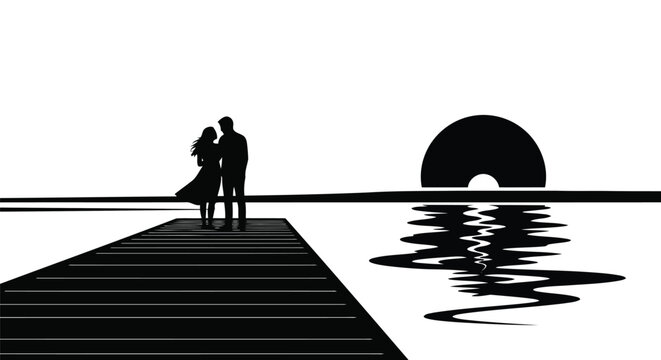 A couple standing on a dock at sunset