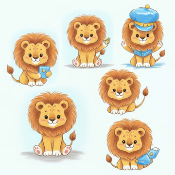 Cute cartoon lions painting and holding brushes