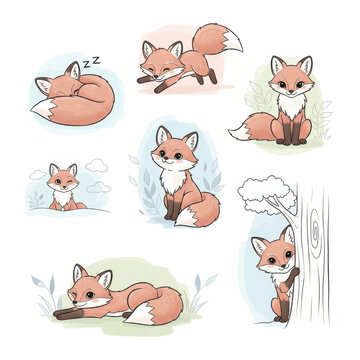 Adorable cartoon foxes in various sleeping and resting poses