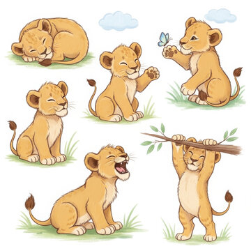Lion Cubs Playful Cartoon Illustrations in Various Poses