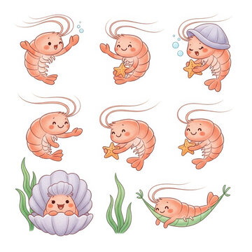 Cartoon shrimp characters in various playful poses underwater
