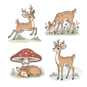 Whimsical Deer and Mushroom Forest Scene Illustration