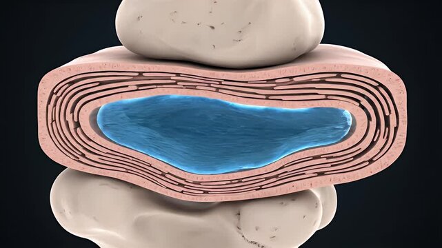 Cross section of healthy human intervertebral disc with nucleus pulposus surrounded by annulus fibrosus vertebrae bones dark