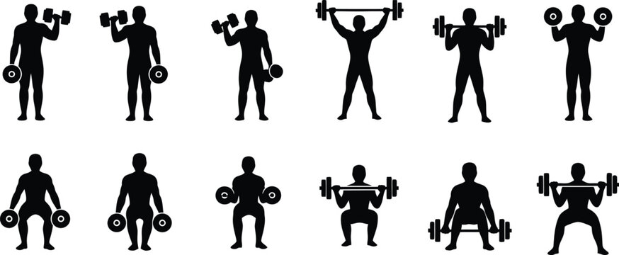 Weightlifting and dumbbell exercise icons with white background weightlifting dumbbell exercise silhouette strength