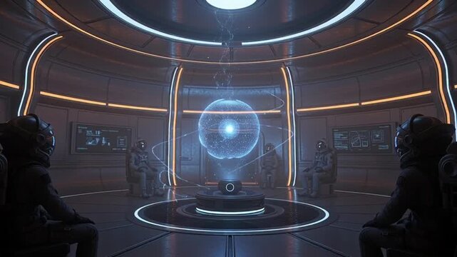 Futuristic control room with glowing blue orb and team of scientists
