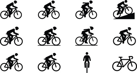 Naklejka premium Bicycle riding and cycling motion icons with white background mountain bike silhouette activity movement athletic