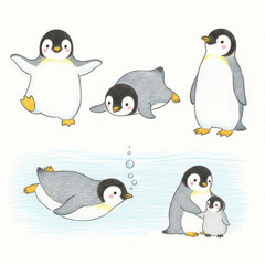 Obraz premium Penguin family swimming and playing together happily