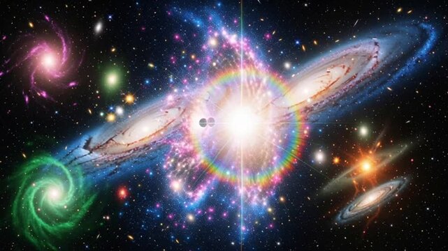 Vibrant Rainbow Galaxy with Multiple Celestial Bodies in Space