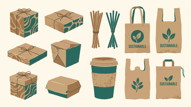 Sustainable eco friendly packaging set with recycled paper boxes biodegradable coffee cup reusable fabric tote bags bamboo straws and organic branding with leaf logo for zero waste retail and environm