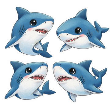 Cartoon sharks with happy and playful expressions