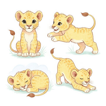 Cute Lion Cubs in Various Playful Poses Illustration