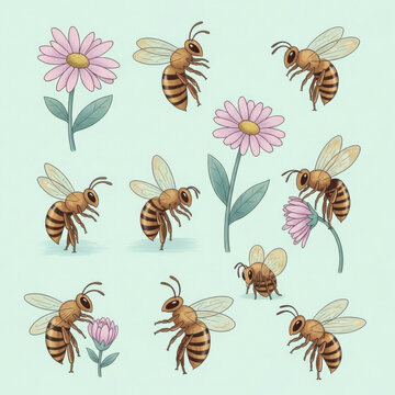 Bees flying around pink flowers on light green background