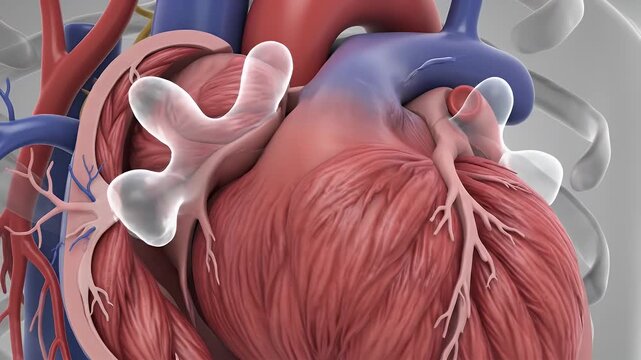 Detailed 3D anatomical model of the human heart showing chambers valves and major blood vessels clean red blue and grey colors