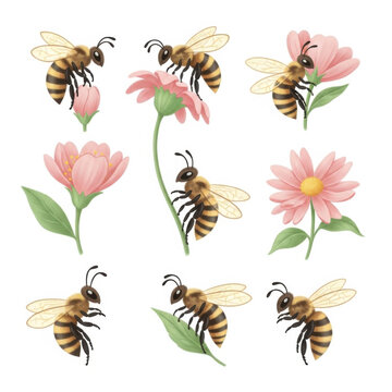 Bees flying around pink flowers in a garden setting