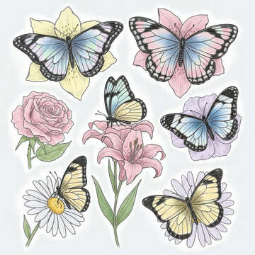 Colorful butterflies and flowers illustration set